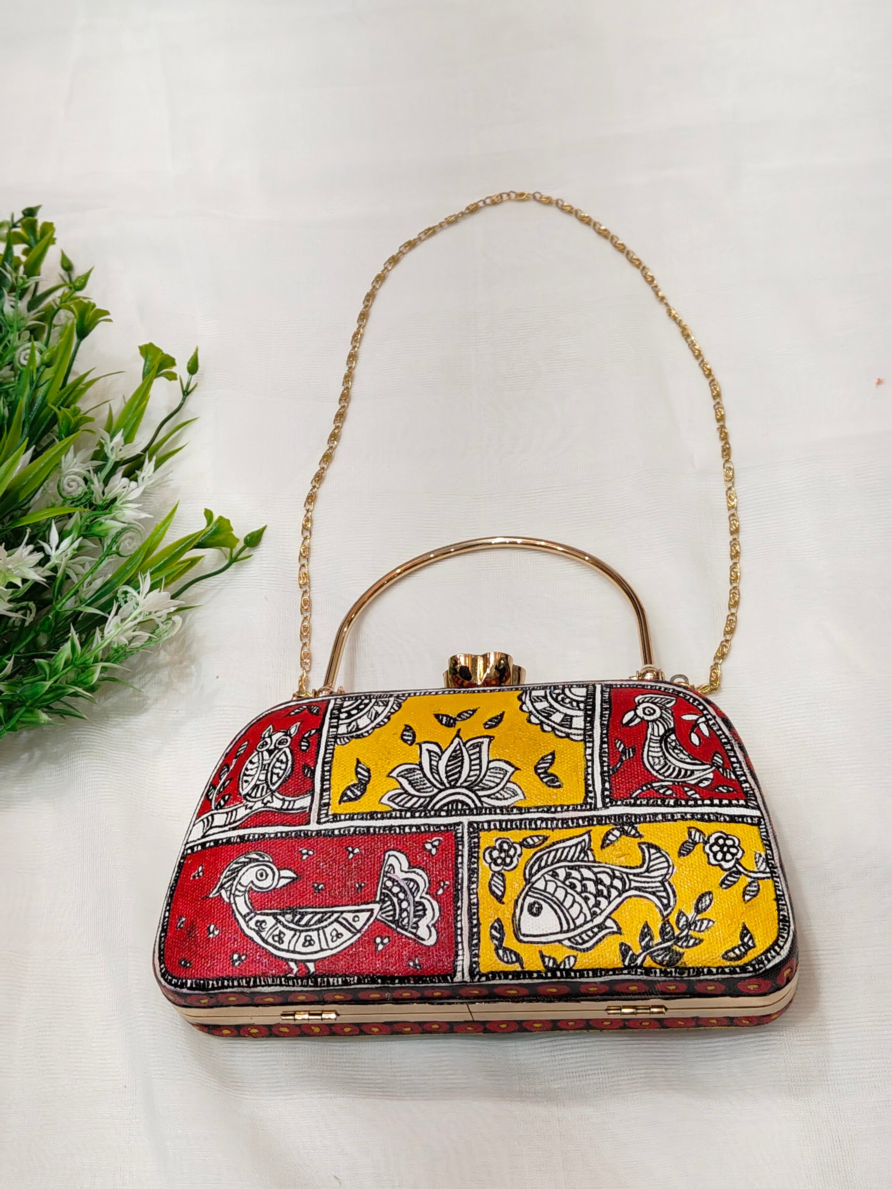 Hand-Painted Madhubani Clutch with Different Motifs